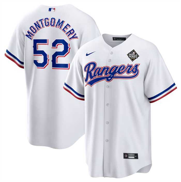 Men%27s Texas Rangers #52 Jordan Montgomery White 2023 World Series Stitched Baseball Jersey Dzhi